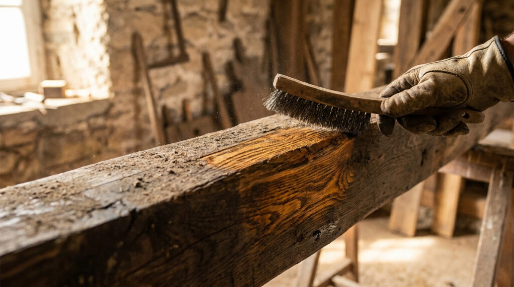 Une main gantée utilise une brosse métallique pour nettoyer et poncer une poutre en bois rustique dans un atelier.