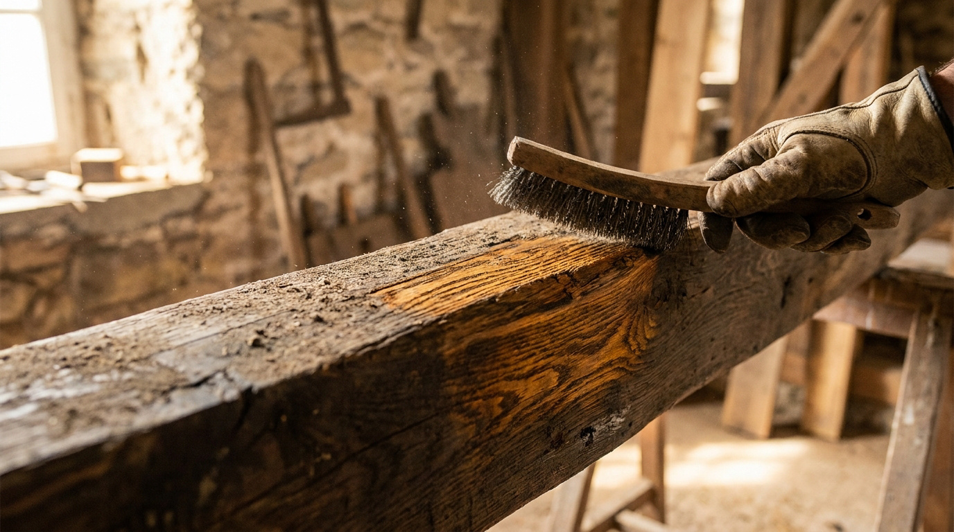 Une main gantée utilise une brosse métallique pour nettoyer et poncer une poutre en bois rustique dans un atelier.