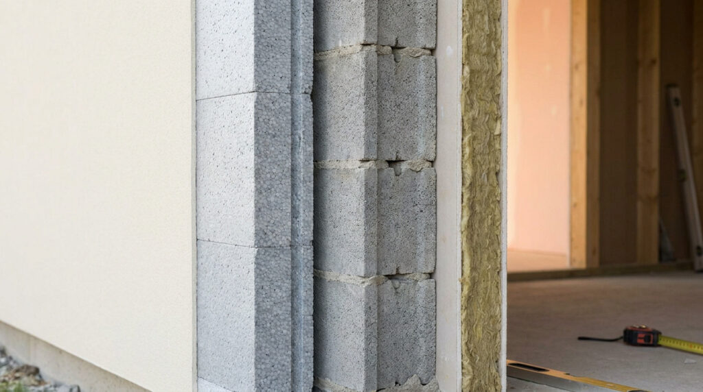 Coupe transversale d'un mur en parpaing avec isolation par l'extérieur en polystyrène et laine de roche intérieure.