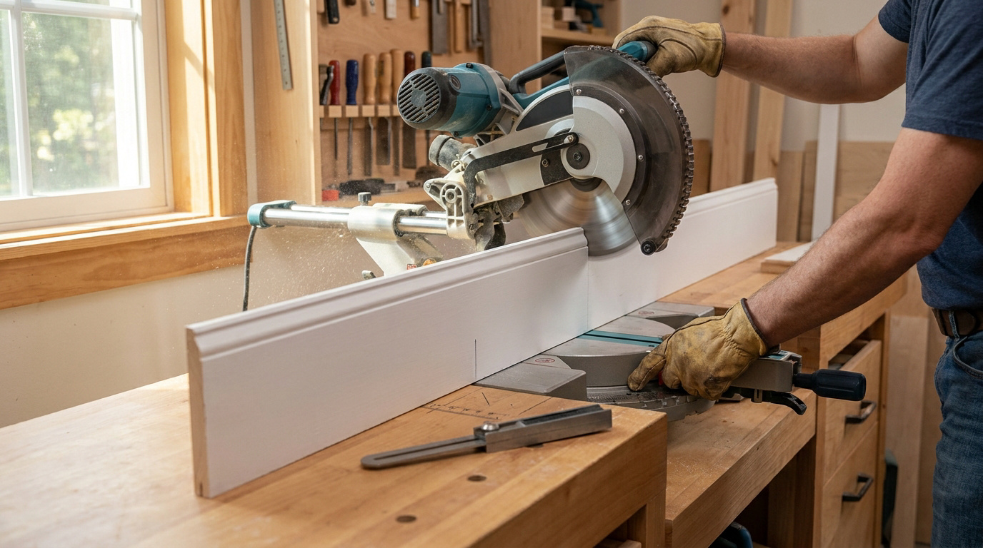Un menuisier coupe une plinthe blanche à l'aide d'une scie à onglet dans un atelier.