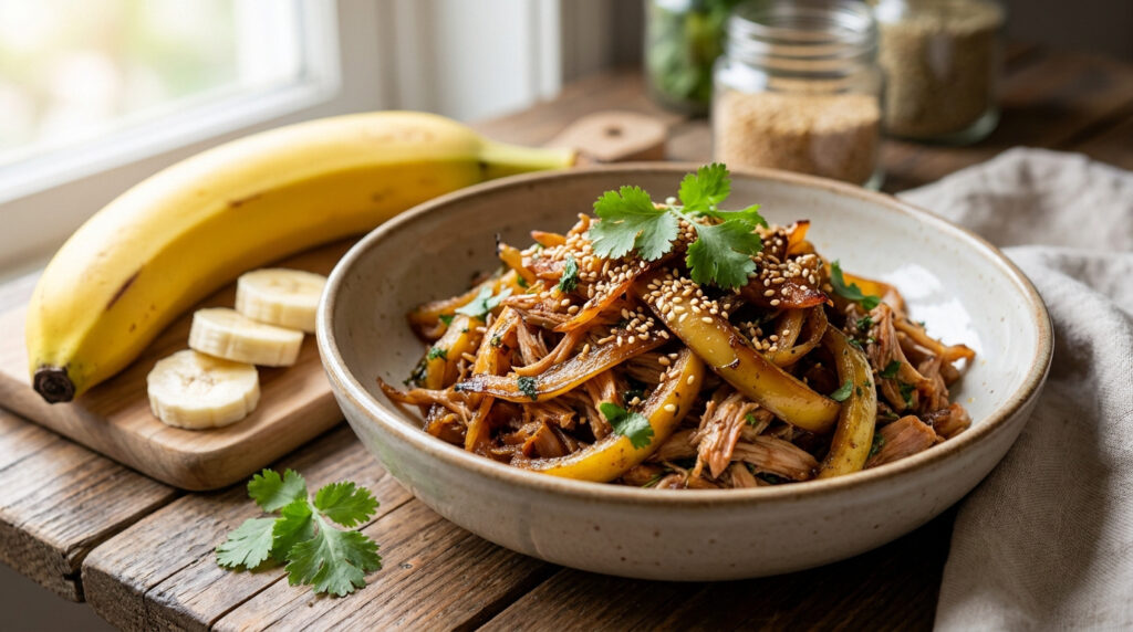 Un bol de lamelles de peau de banane cuisinées, garnies de coriandre et de graines de sésame, avec une banane entière.