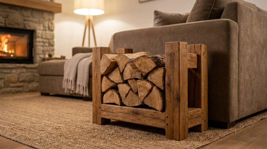 Range-bûches artisanal en bois massif rempli de bois de chauffage devant un canapé dans un salon chaleureux.