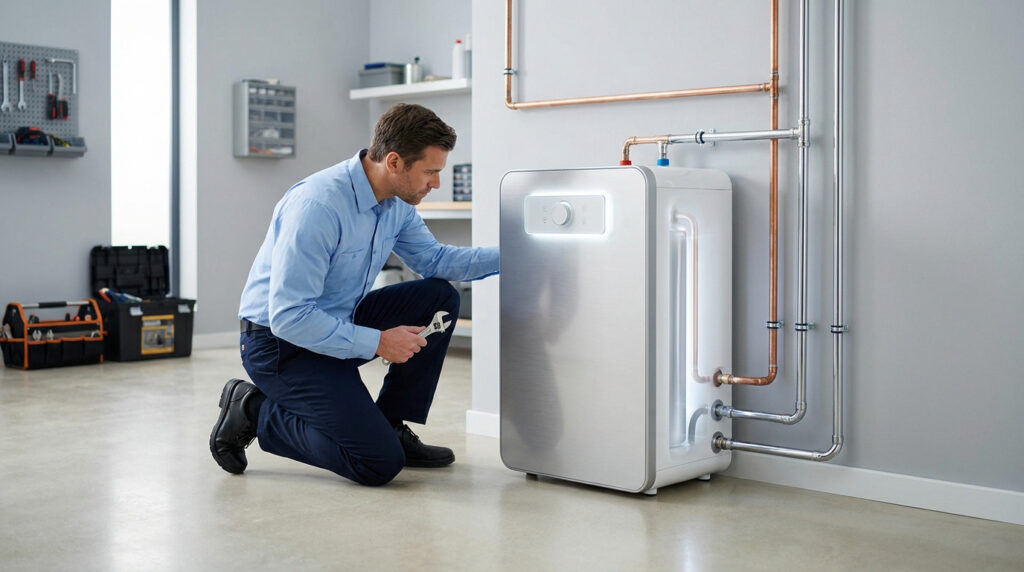 Un plombier professionnel agenouillé effectue l'entretien d'un chauffe-eau électrique moderne dans un atelier.