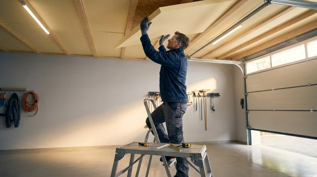Un ouvrier en tenue de travail installe un panneau isolant sur le plafond d'un garage en utilisant un escabeau.