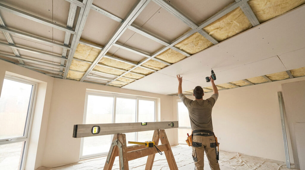 Artisan fixant une plaque de plâtre au plafond sur une ossature métallique avec de l'isolant.
