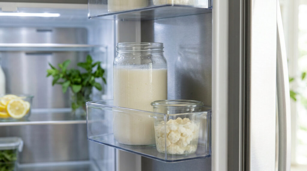 Bocal de kéfir de lait et petit récipient de grains de kéfir rangés sur l'étagère de la porte d'un réfrigérateur.