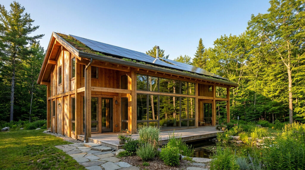 Maison en bois contemporaine avec toit végétalisé et panneaux solaires dans un jardin verdoyant.