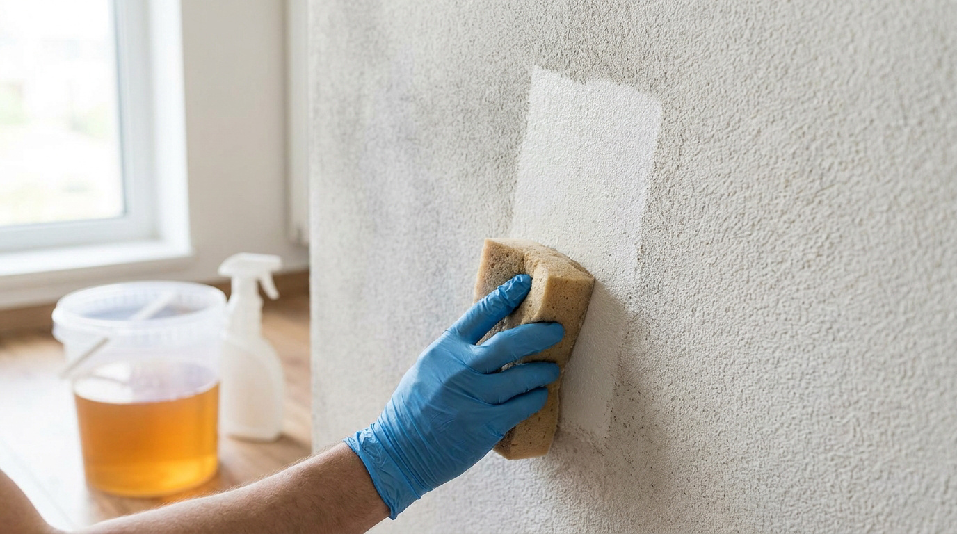 Une main gantée de bleu nettoie un mur en crépi blanc avec une éponge, avec un seau et un spray en arrière-plan.