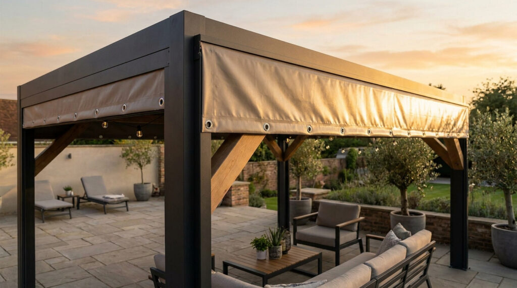 Pergola moderne avec toile beige installée dans un jardin aménagé au coucher du soleil.