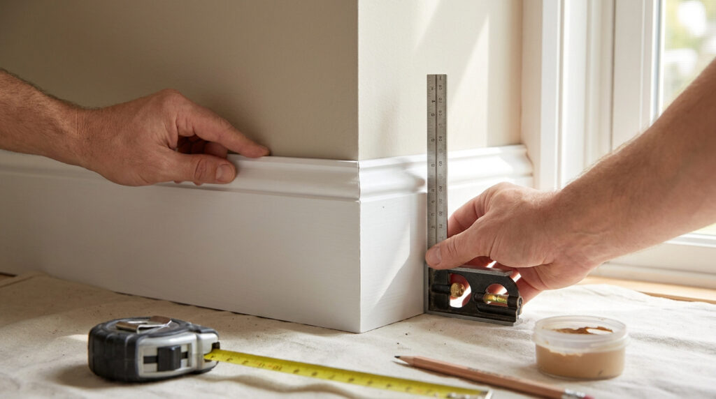 Gros plan sur les mains d'un bricoleur utilisant une équerre de menuisier pour aligner une plinthe contre un angle de mur.