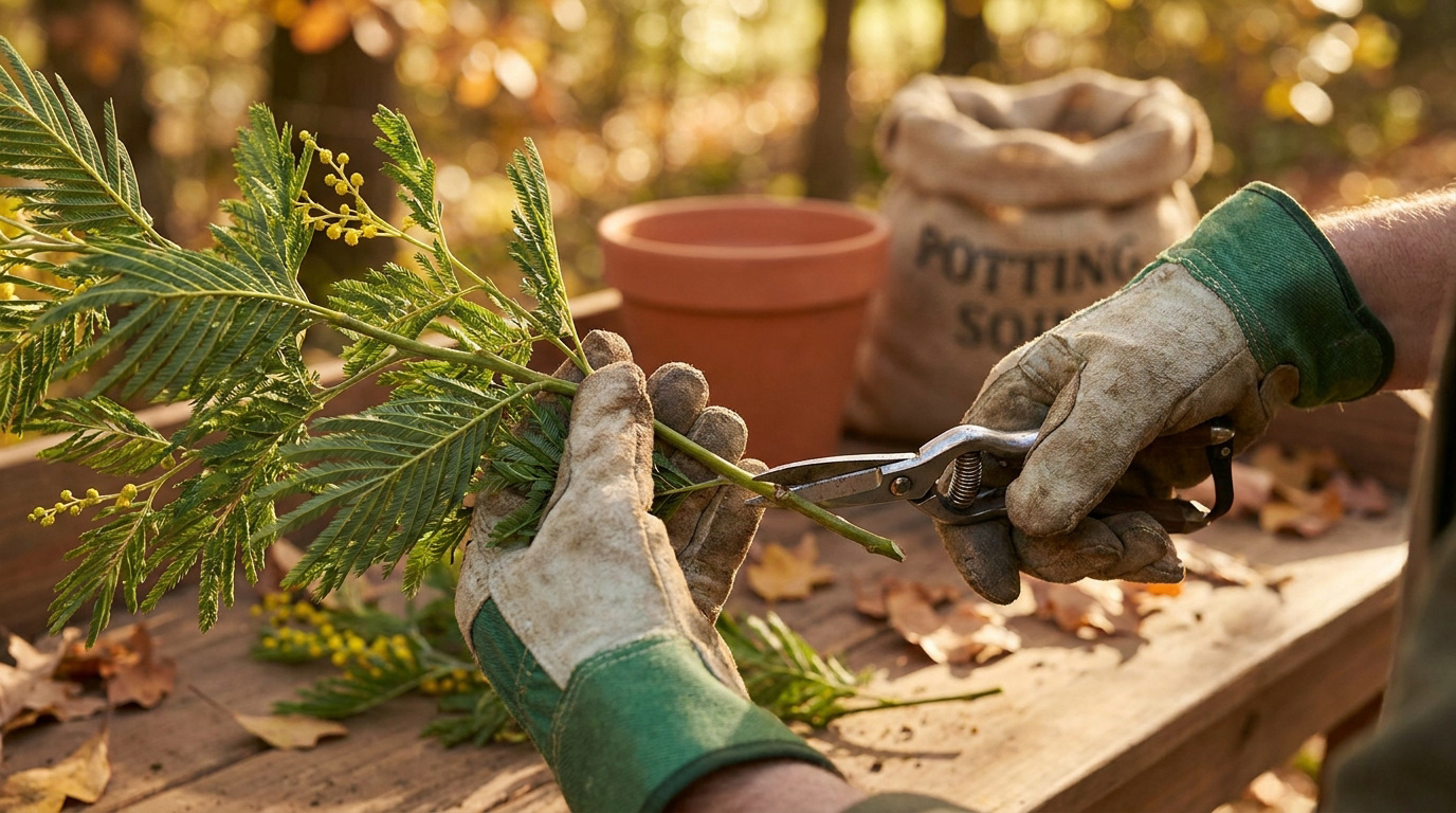 Gros plan sur des mains gantées taillant une bouture de mimosa avec un sécateur sur une table en bois.