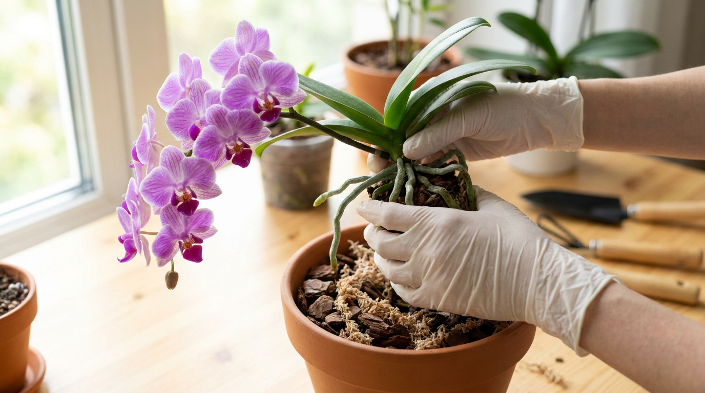 Une personne avec des gants en latex rempote une orchidée aux fleurs roses dans un pot en terre cuite sur une table.
