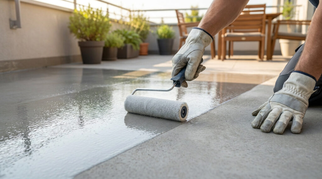 Un ouvrier applique un produit d'étanchéité liquide sur une dalle en béton avec un rouleau sur une terrasse ensoleillée.