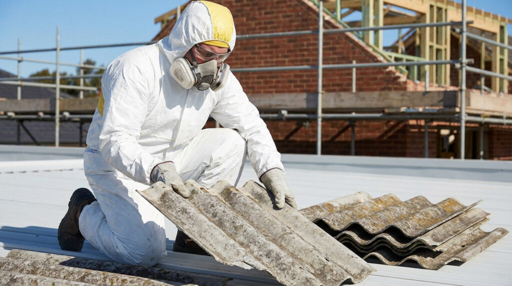 Ouvrier en combinaison de protection manipulant des plaques de fibrociment sur un toit en chantier.