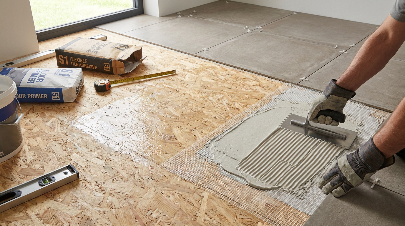 Un artisan applique de la colle à carrelage sur une trame de renfort posée sur un panneau OSB pour carreler un sol.