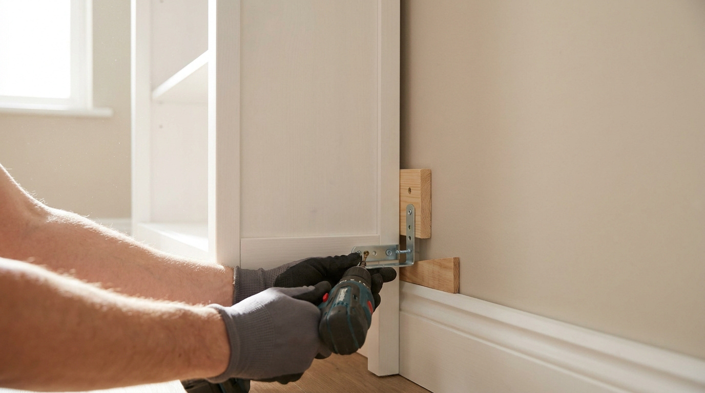 Une personne utilisant une visseuse pour fixer une équerre métallique sur une cale en bois derrière un meuble.