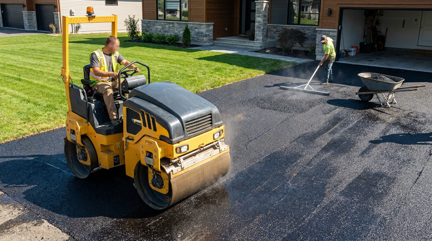 Ouvriers utilisant un rouleau compresseur et un râteau pour étaler et compacter de l'asphalte sur une allée de maison.