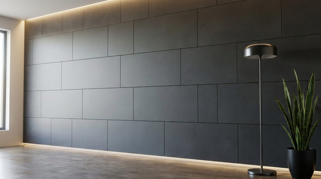 Un grand mur intérieur habillé de carreaux gris foncé posés en quinconce, éclairé par une lumière LED indirecte.