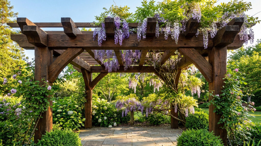Une pergola en bois massif recouverte de fleurs de glycine violettes dans un jardin ensoleillé.