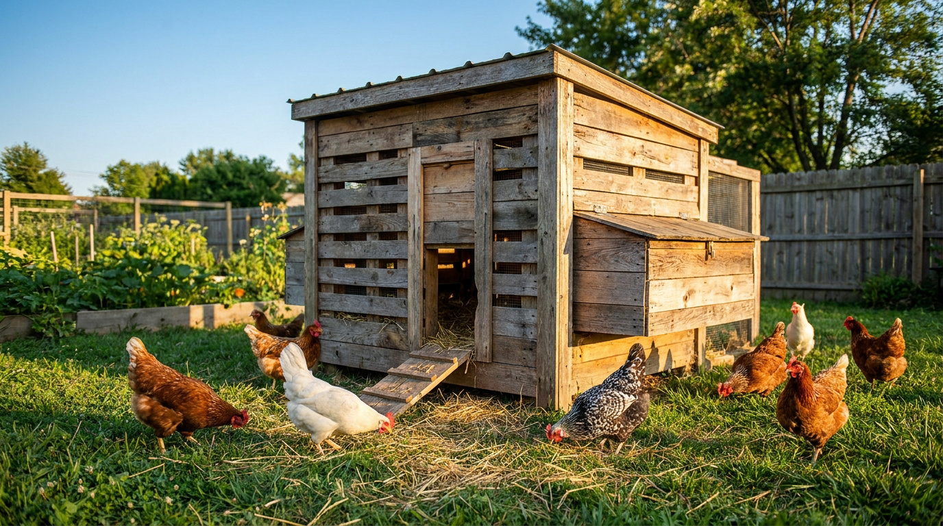 Un poulailler en bois de récupération dans un jardin avec plusieurs poules qui picorent autour.