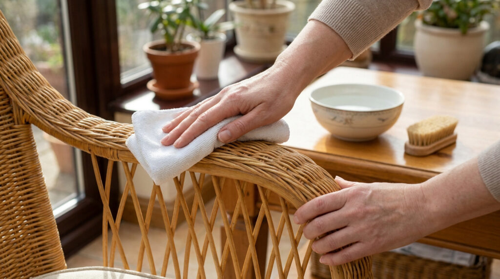 Une personne nettoie délicatement l'accoudoir d'une chaise en rotin avec un chiffon blanc propre.