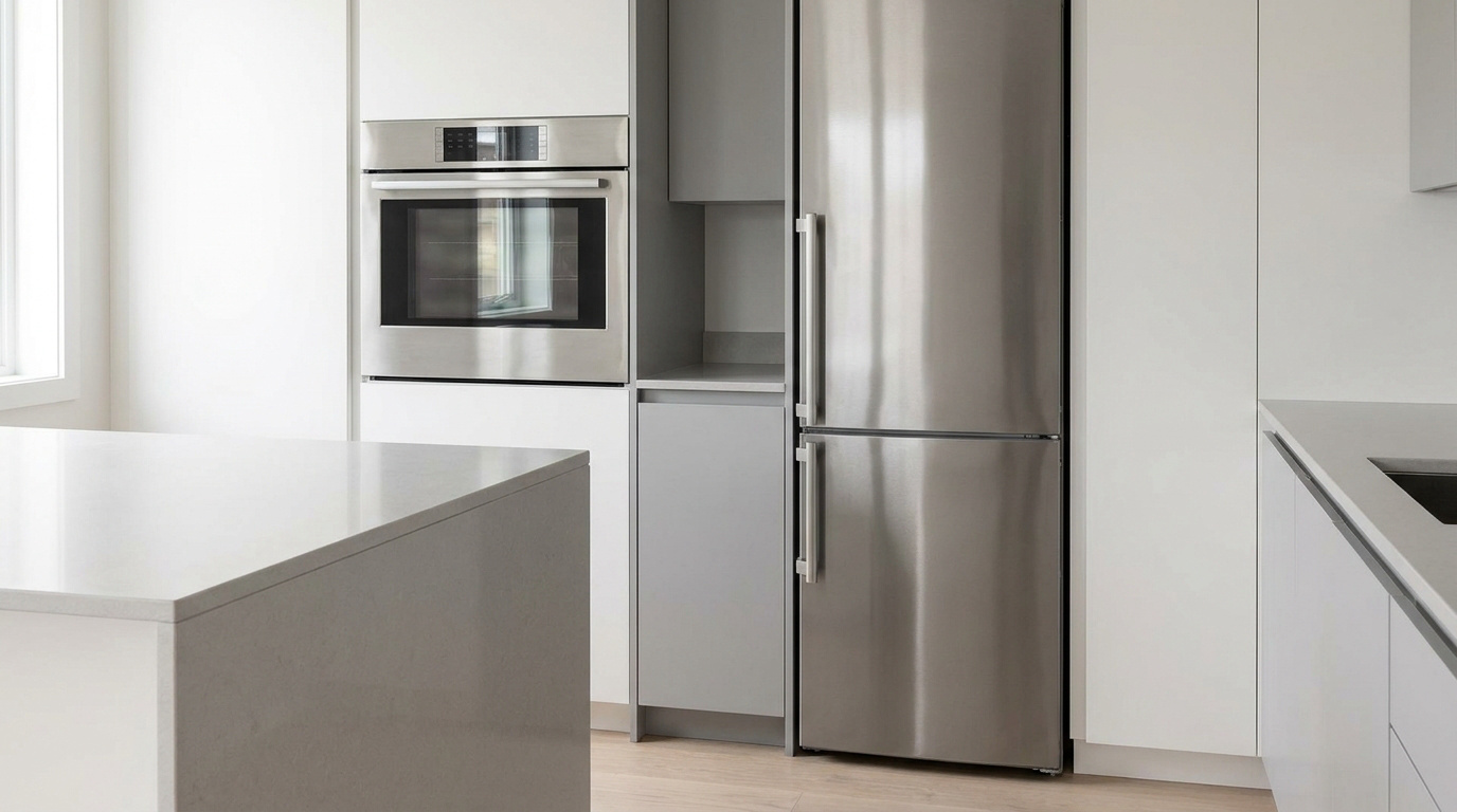 Four encastrable et réfrigérateur inox séparés par une colonne de rangement étroite dans une cuisine moderne.