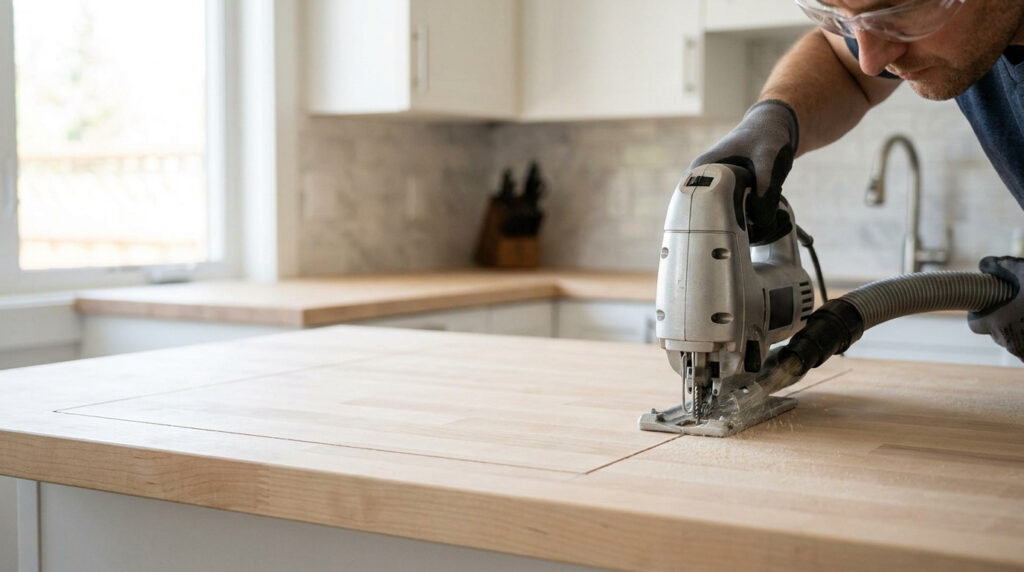 Un bricoleur utilise une scie sauteuse pour découper un plan de travail en bois dans une cuisine lumineuse.