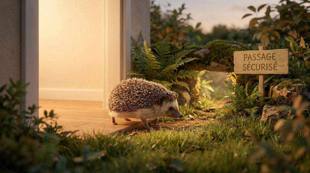 Un petit hérisson sort doucement d'une maison vers un jardin, à côté d'un panneau en bois indiquant "Passage sécurisé".