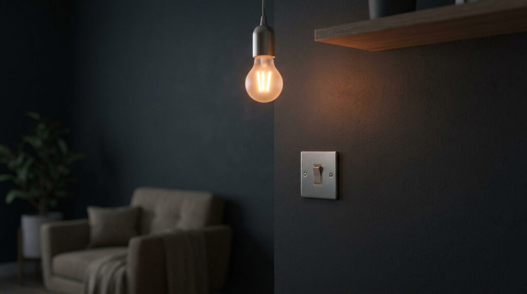 Une ampoule LED suspendue émet une faible lueur dans une pièce sombre, bien que l'interrupteur mural soit en position éteinte.