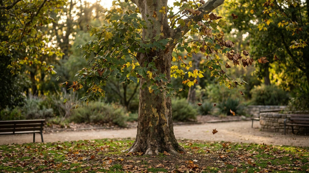 Un mûrier platane avec des feuilles jaunissantes et tombantes dans un parc au coucher du soleil.