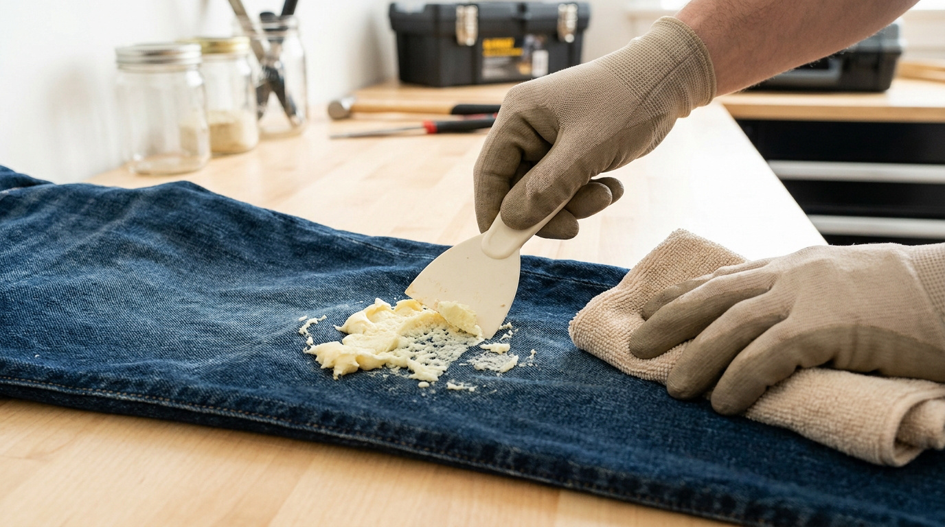 Une personne gantée utilise une spatule en plastique pour gratter de la mousse expansive séchée sur un jean bleu.
