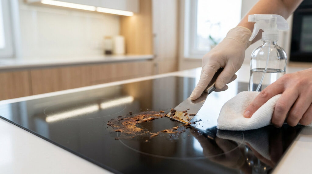 Personne utilisant un grattoir spécial pour nettoyer une tache brûlée sur une plaque à induction noire.