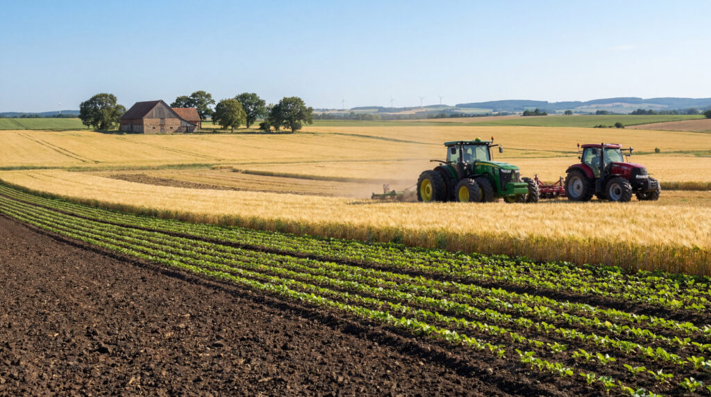 Deux tracteurs travaillent dans un champ de blé doré près d'une exploitation agricole sous un ciel bleu dégagé.