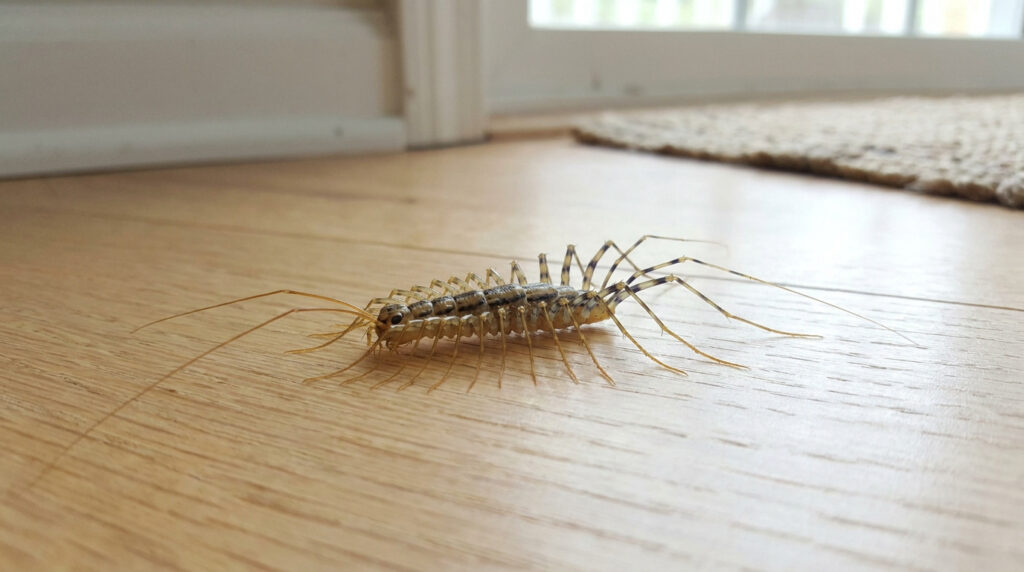 Une scutigère véloce avec ses nombreuses longues pattes fines sur un plancher en bois à l'intérieur d'une maison.
