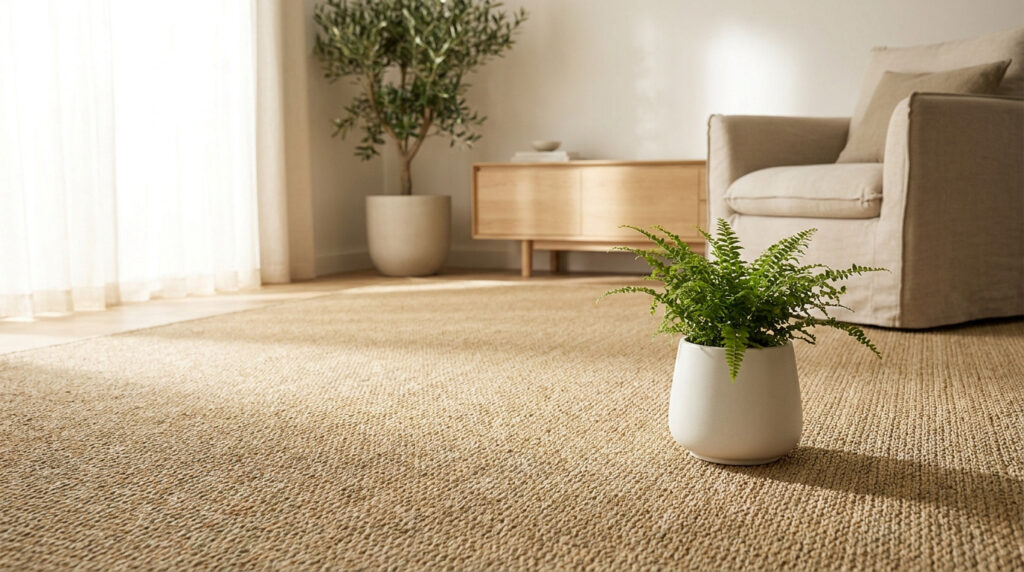Intérieur lumineux avec tapis en jonc de mer et plantes vertes dans des pots en céramique.