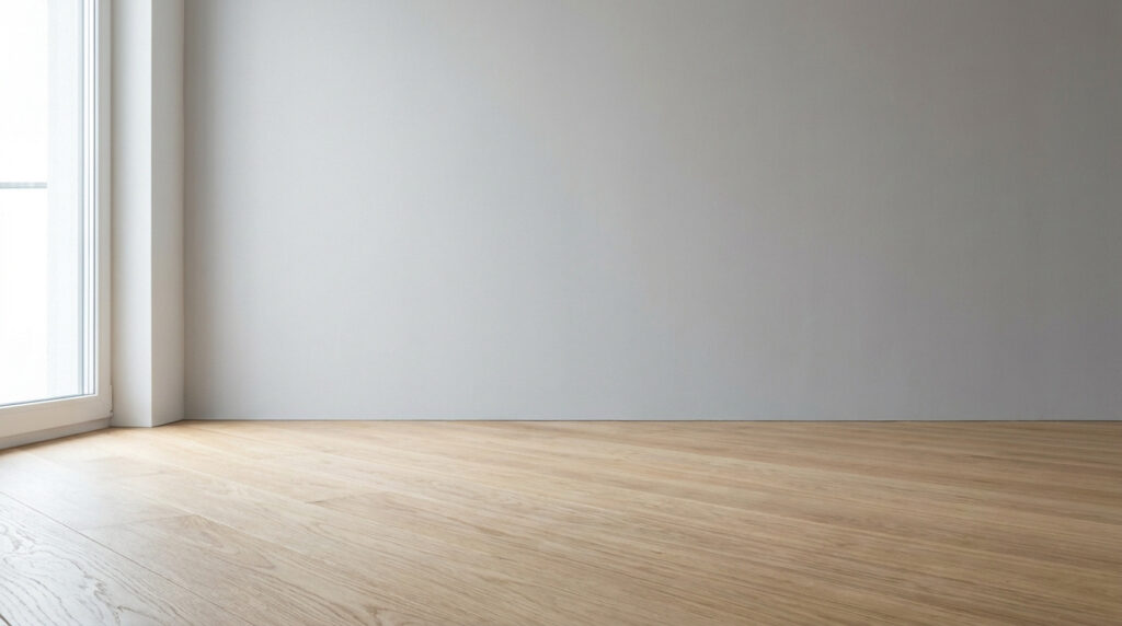 Sol en parquet clair rejoignant un mur gris minimaliste sans aucune plinthe visible.