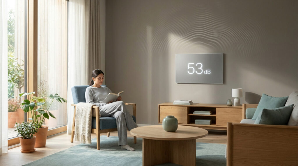 Une femme lit dans un salon calme avec un indicateur lumineux affichant 53 dB au mur, symbolisant l'isolation phonique.