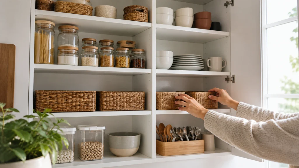 Illustration éditoriale pour l’article « Comment ranger votre placard de cuisine pour tout optimiser »