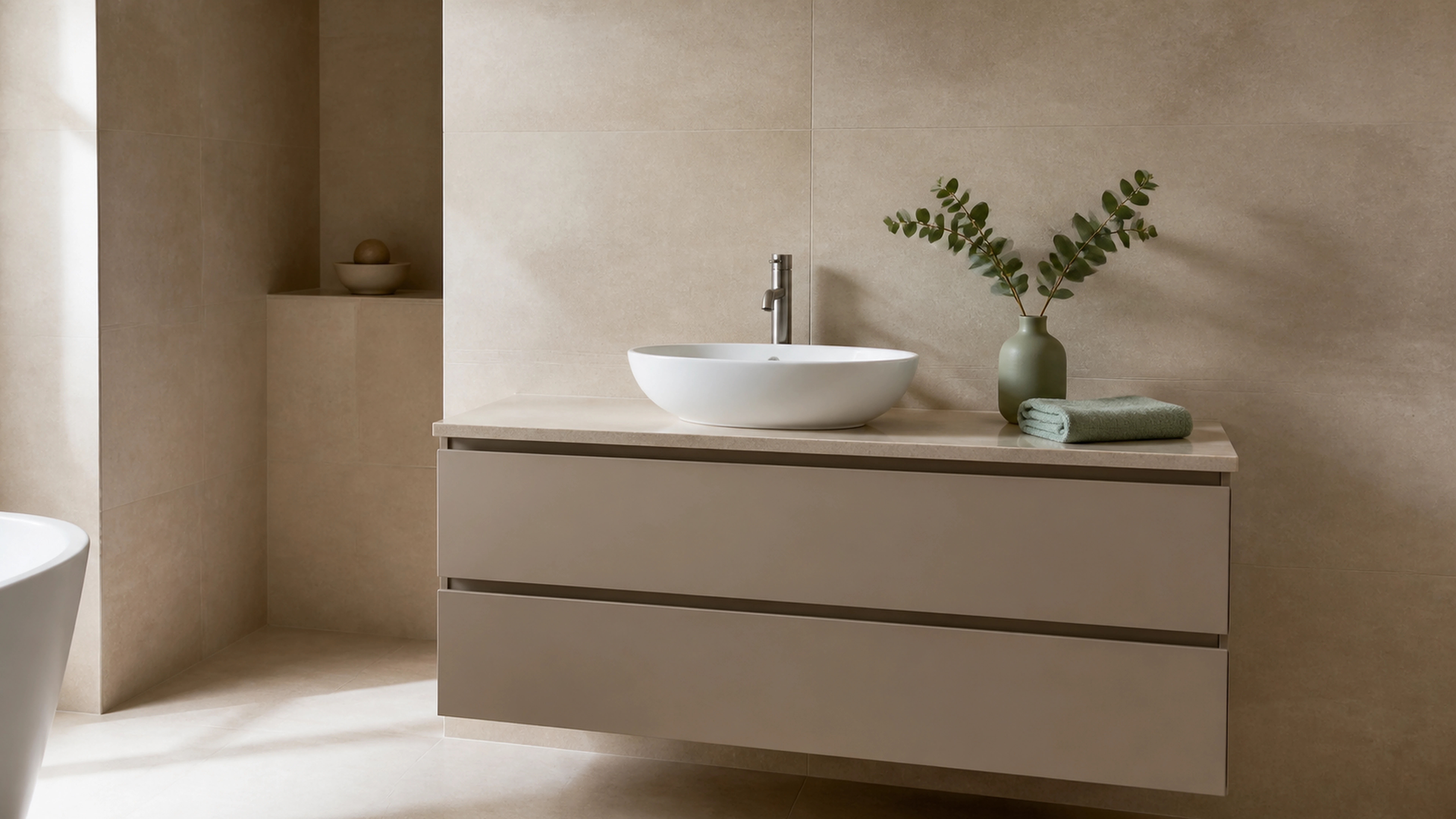 Illustration éditoriale pour l’article « Quelle couleur associer au beige dans votre salle de bain »