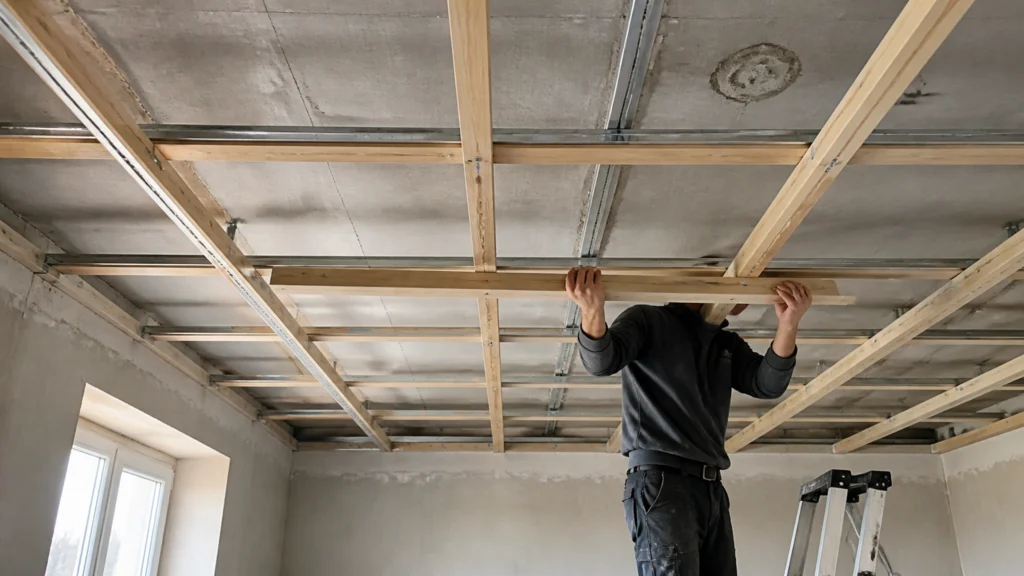 Illustration éditoriale pour l’article « Réussir votre solivage de faux plafond : le guide technique »