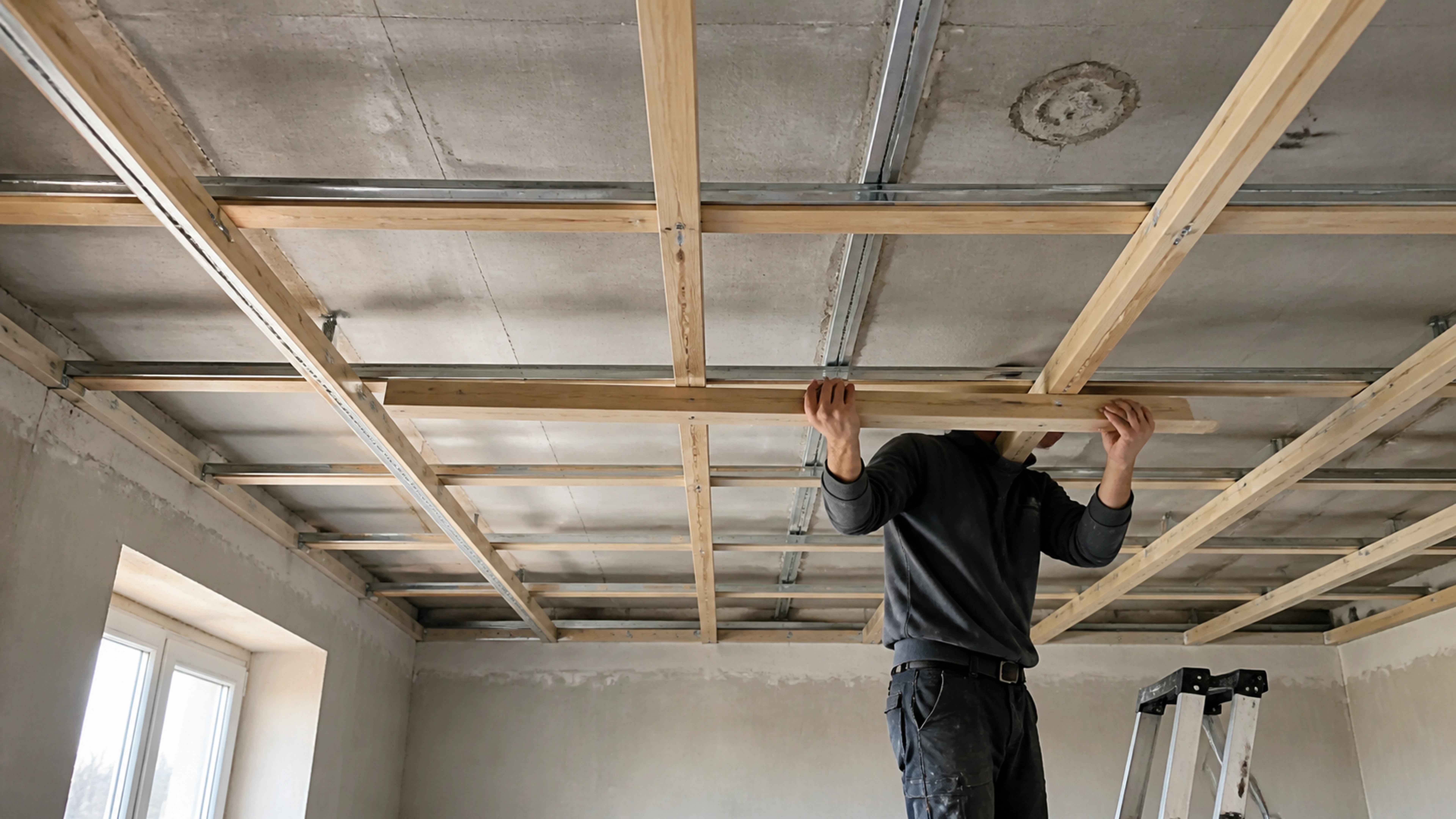 Illustration éditoriale pour l’article « Réussir votre solivage de faux plafond : le guide technique »
