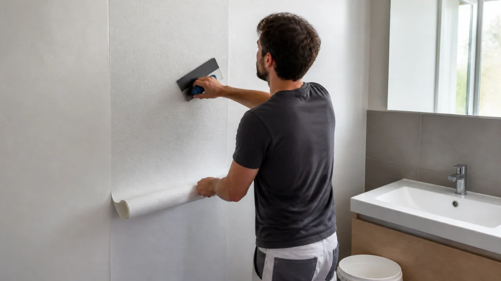 Illustration éditoriale pour l’article « Réussir la pose de toile de verre en salle de bain »