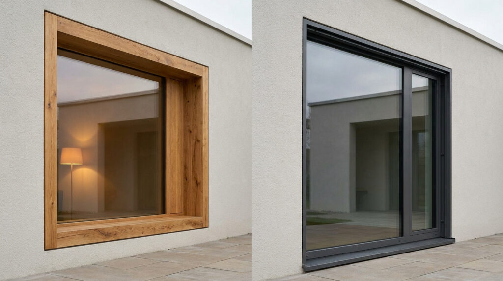 Comparaison côte à côte d'une fenêtre en bois rustique et d'une baie vitrée en aluminium gris anthracite.