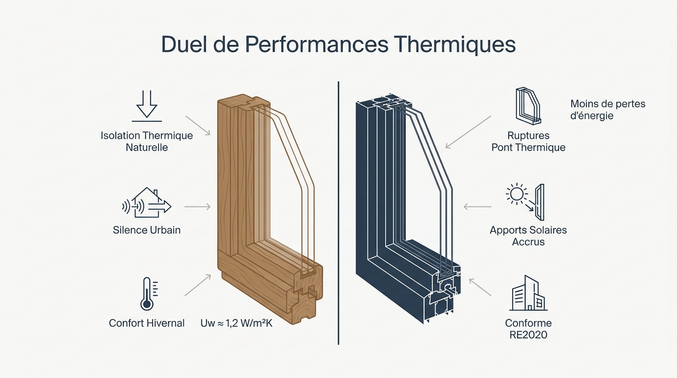 Comparaison thermique entre fenêtre en bois et fenêtre en aluminium