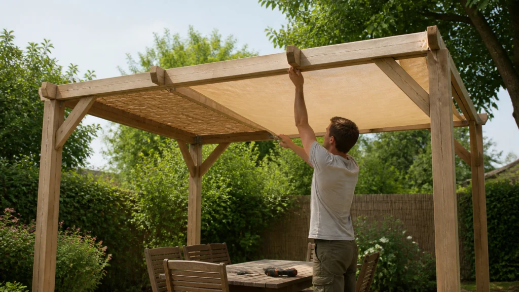 Illustration éditoriale pour l’article « Comment couvrir une pergola bois : astuces et solutions 2026 »