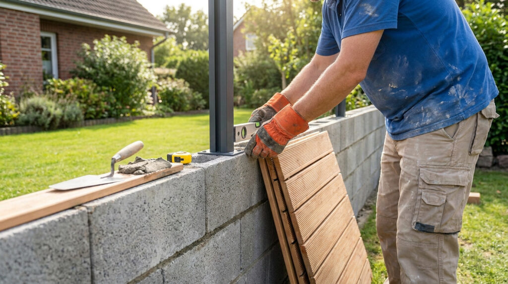 Un ouvrier utilise un niveau à bulle pour installer un poteau de clôture métallique sur un muret en parpaings.