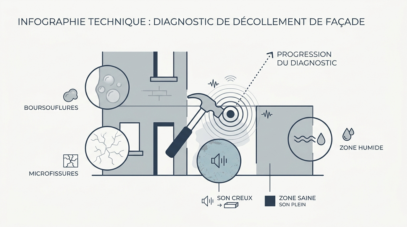 Infographie expliquant comment diagnostiquer le décollement d'un enduit de façade