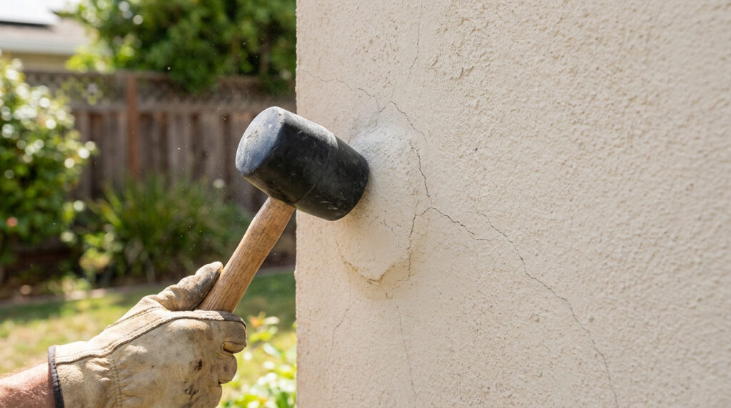 Une main gantée utilise un maillet en caoutchouc pour tester la solidité d'un enduit de façade fissuré.