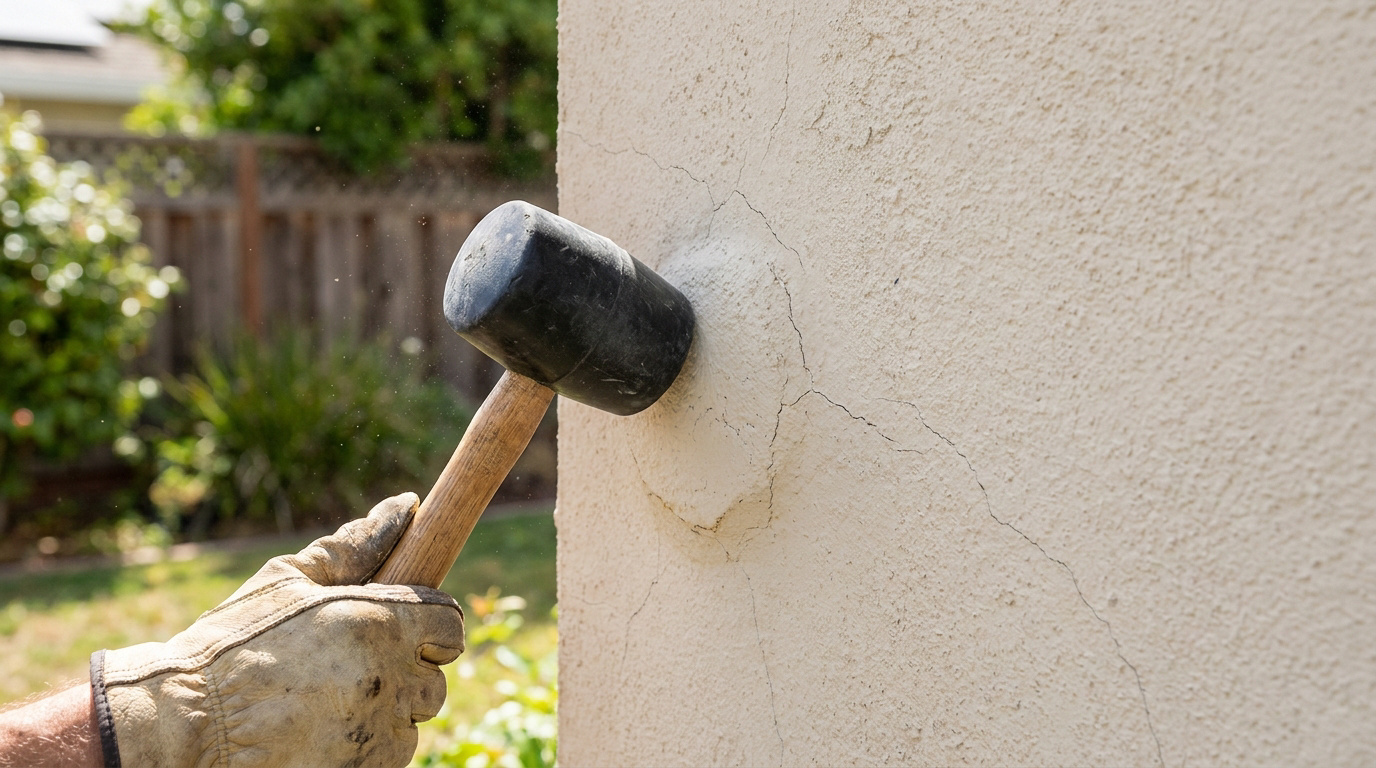 Une main gantée utilise un maillet en caoutchouc pour tester la solidité d'un enduit de façade fissuré.