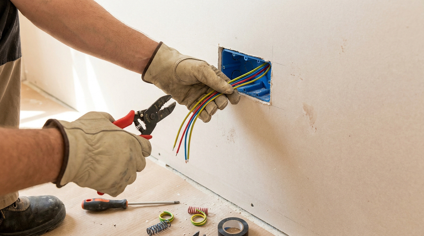 Un électricien avec des gants prépare des fils électriques sortant d'un boîtier bleu encastré dans un mur en placo.